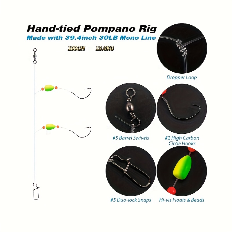 5 Packs Surf Fishing Pompano Rigs 30LB Line Snell Floats Circle Hooks  Saltwater