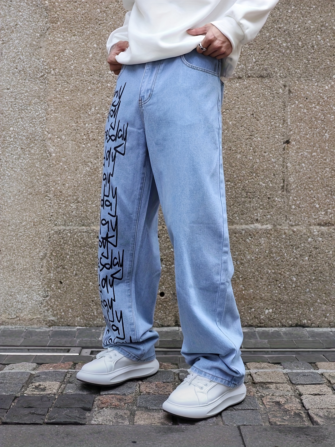 Letter Print Loose Fit Jeans Men's Casual Street Style Wide - Temu