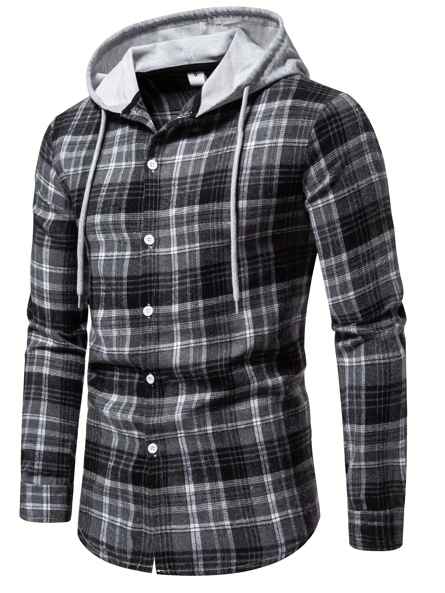 Plaid Print Men's Casual Button Long Sleeve Hooded Shirt - Temu