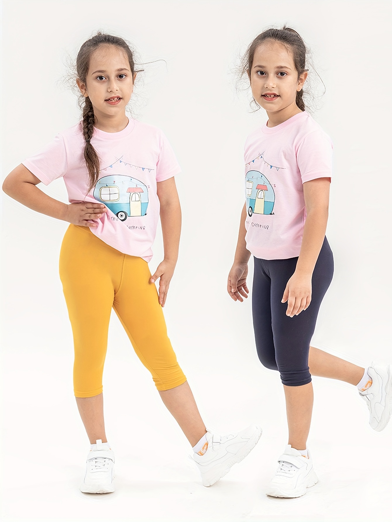 2pcs/set Toddler Girls Athletic Workout Leggings Elastic Waist Tight Slim  Yoga Cropped Pants Kids Spring Summer Clothes