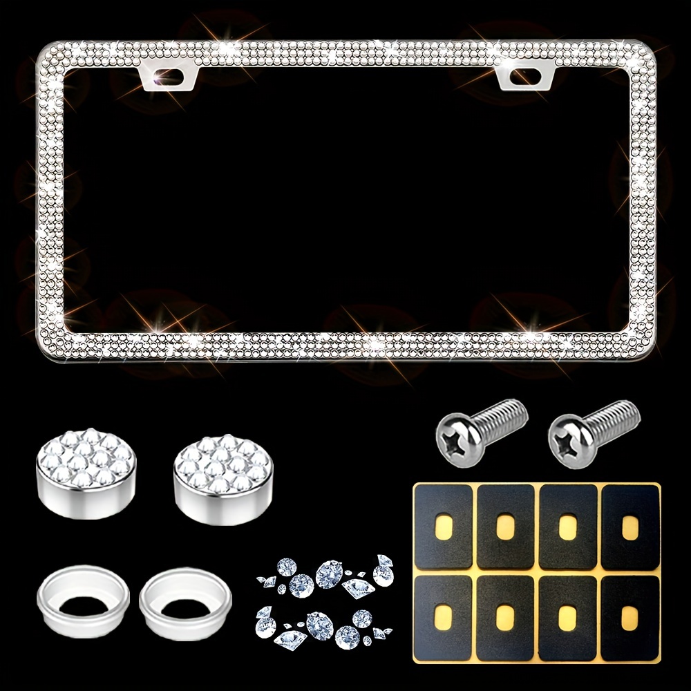 1 Pack Bling License Plate Frames Glass Crystal Rhinestone Metal Slim Stainless Steel Car Tag Holders Covers For Women Men With Screw Caps