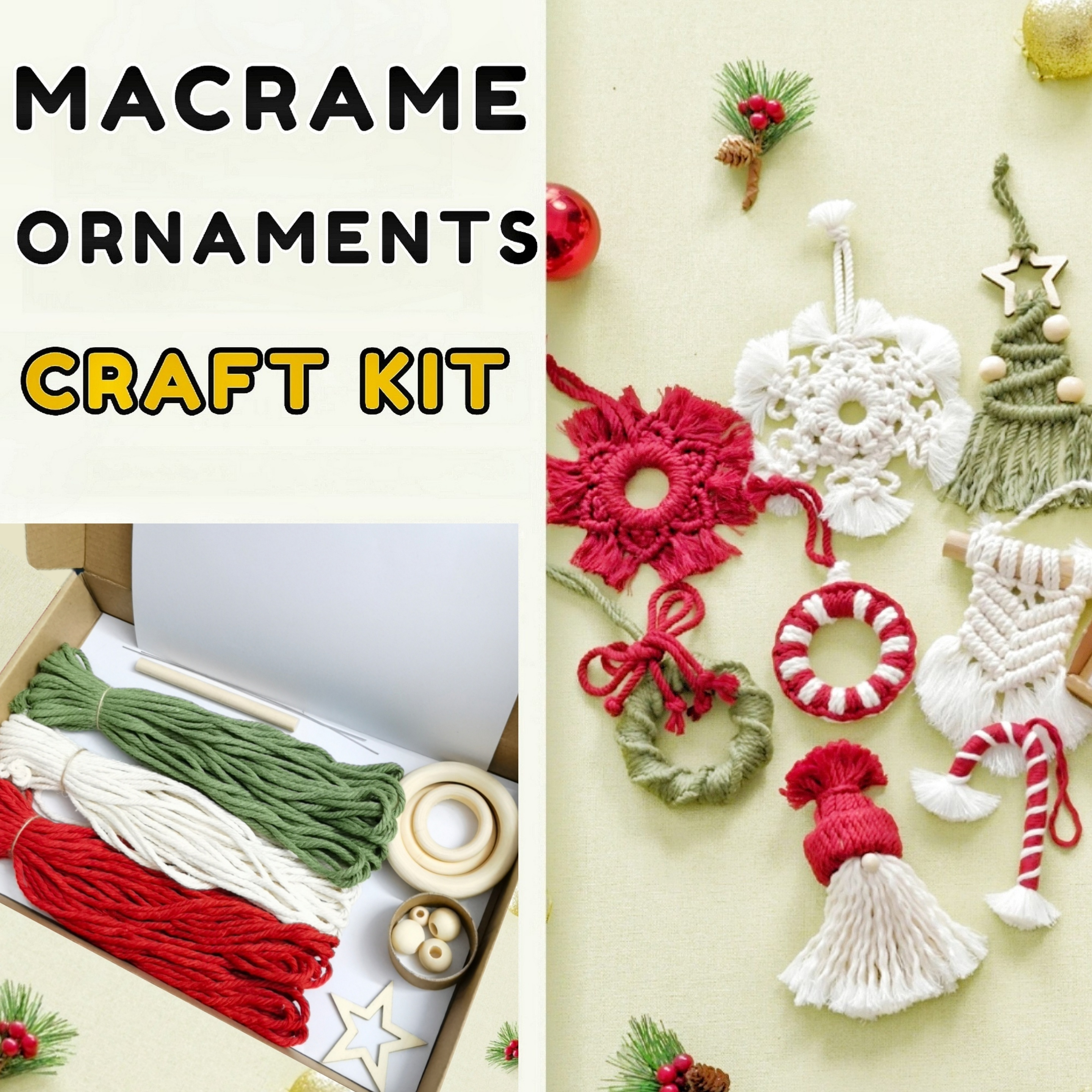 DIY Christmas ornament kit. Macrame christmas ornament set. Christmas craft  kits for adults and kids. Boho ornament. Christmas home decor