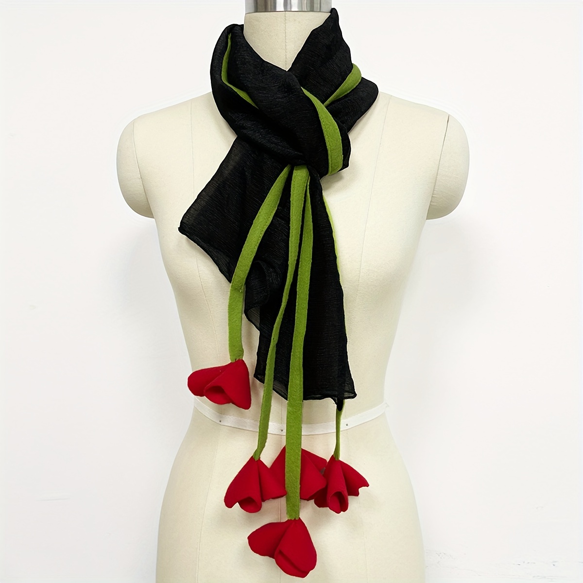

Black Yarn Simulated Rose Scarf Elegant Vintage Thin Breathable Shawl Spring Autumn Casual Sunscreen Bandana