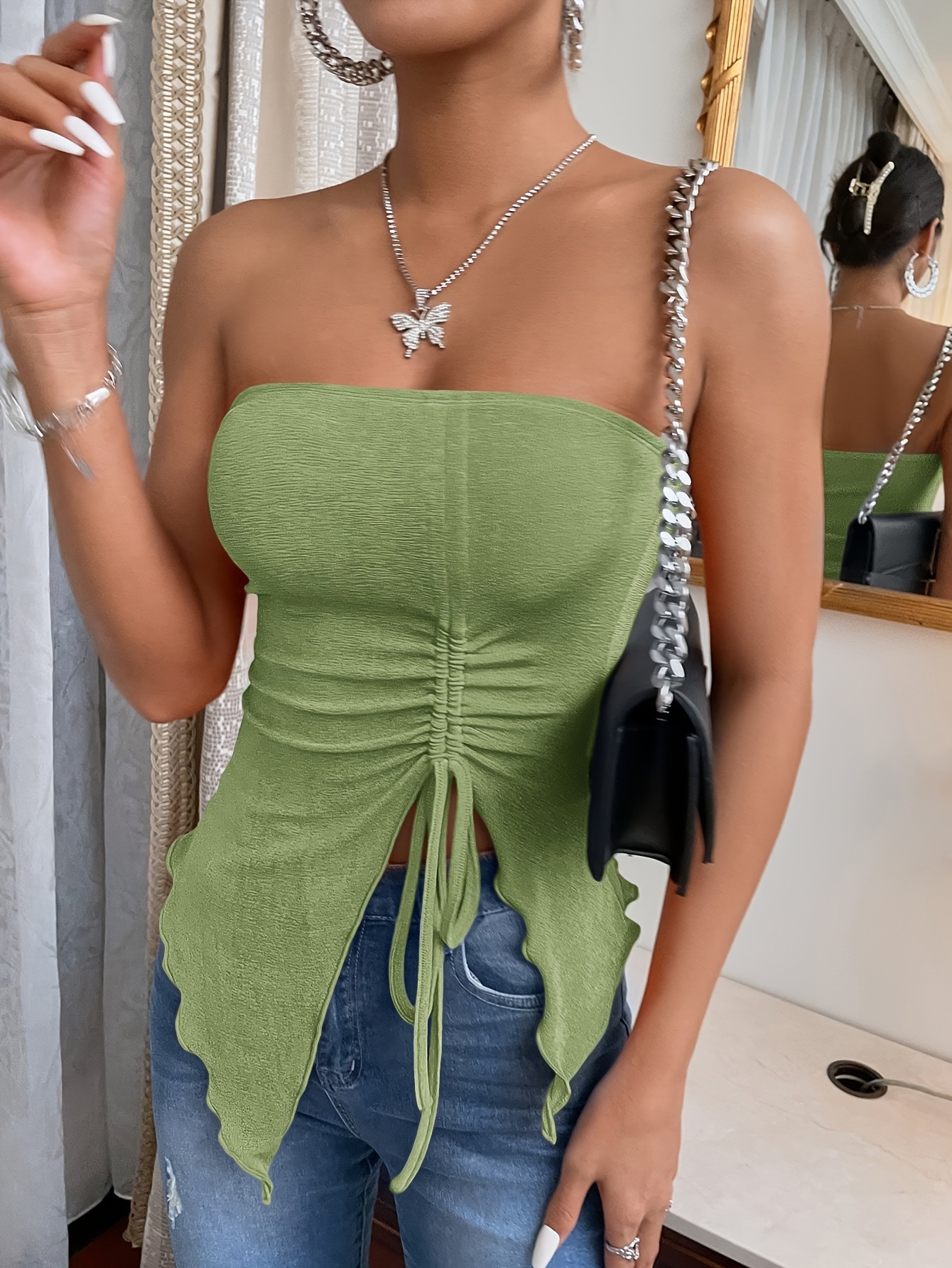 Lettuce Trim Shirred Crop Tube Top, Sexy Strapless Top For Summer, Women's  Clothing
