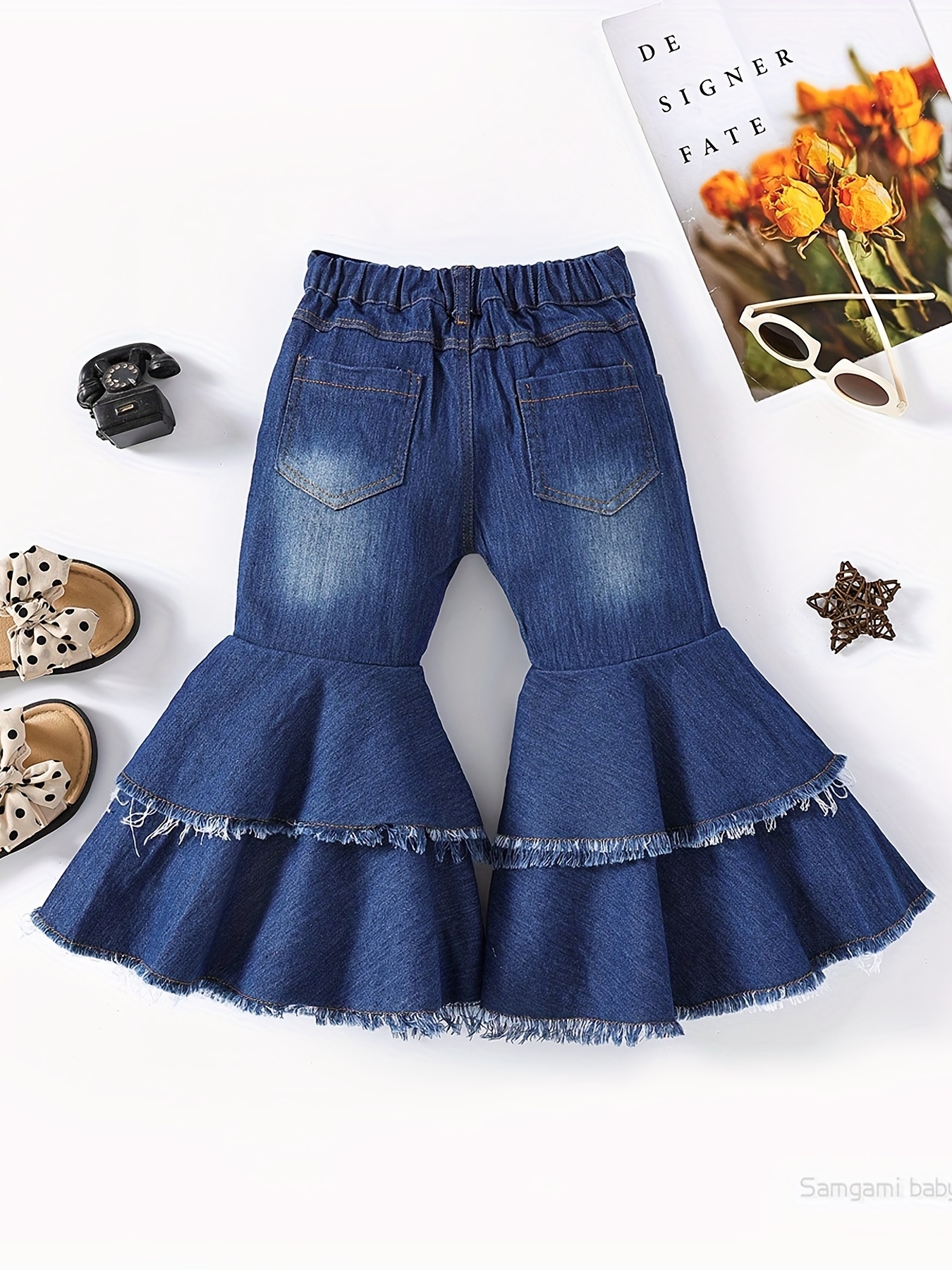 Toddler Girls Trendy Flare Denim With Pocket Button Design Pants