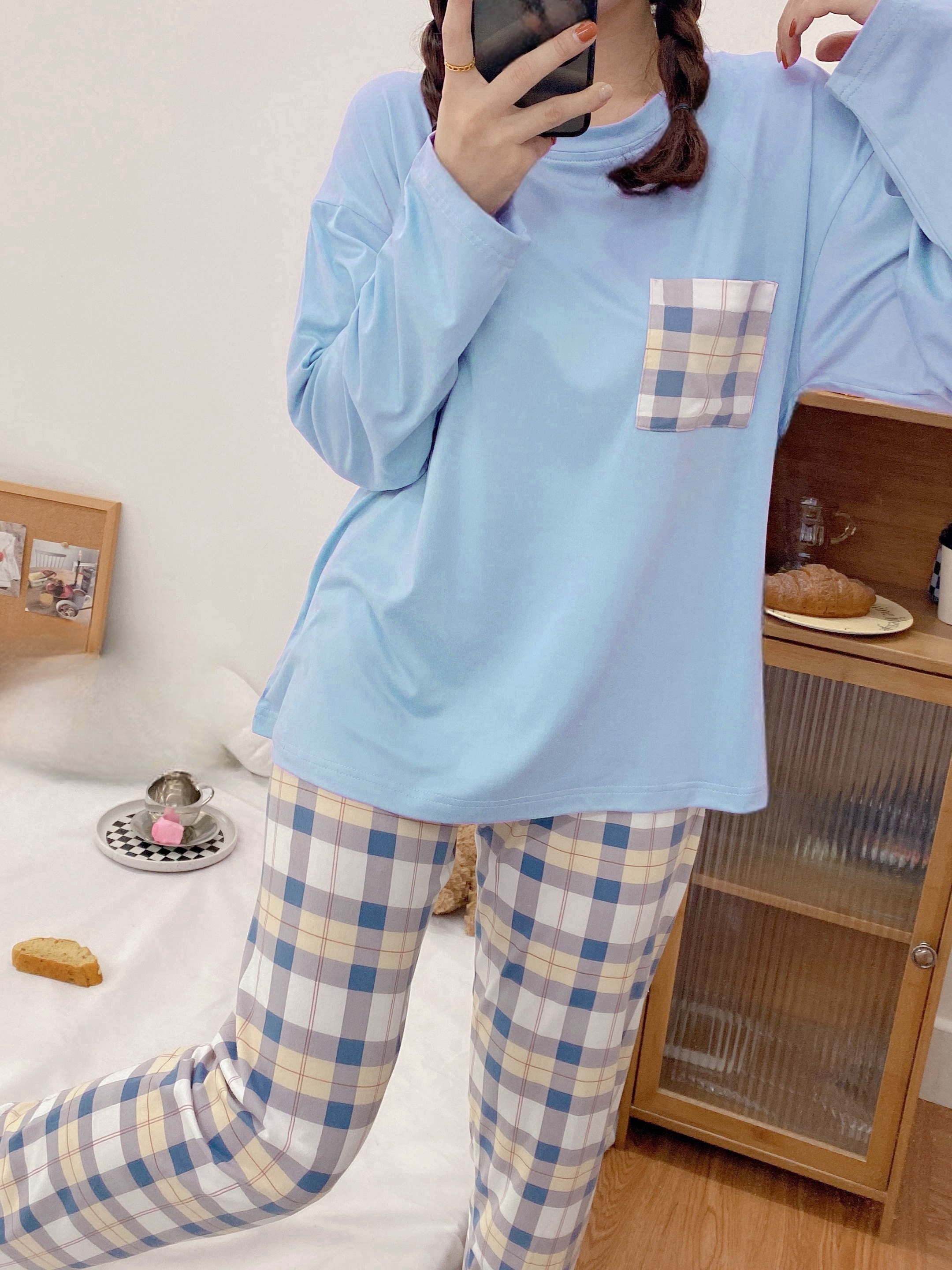 Colorblock Plaid Pajama Set Long Sleeve Crew Neck Top - Temu