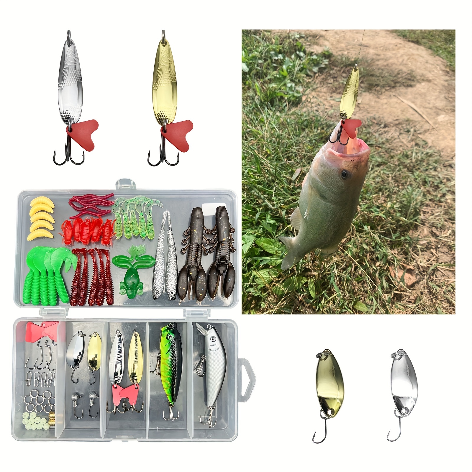 Kit accesorios de pesca, caja aparejos incluidos señuelo anzuelos pesca,  spinner
