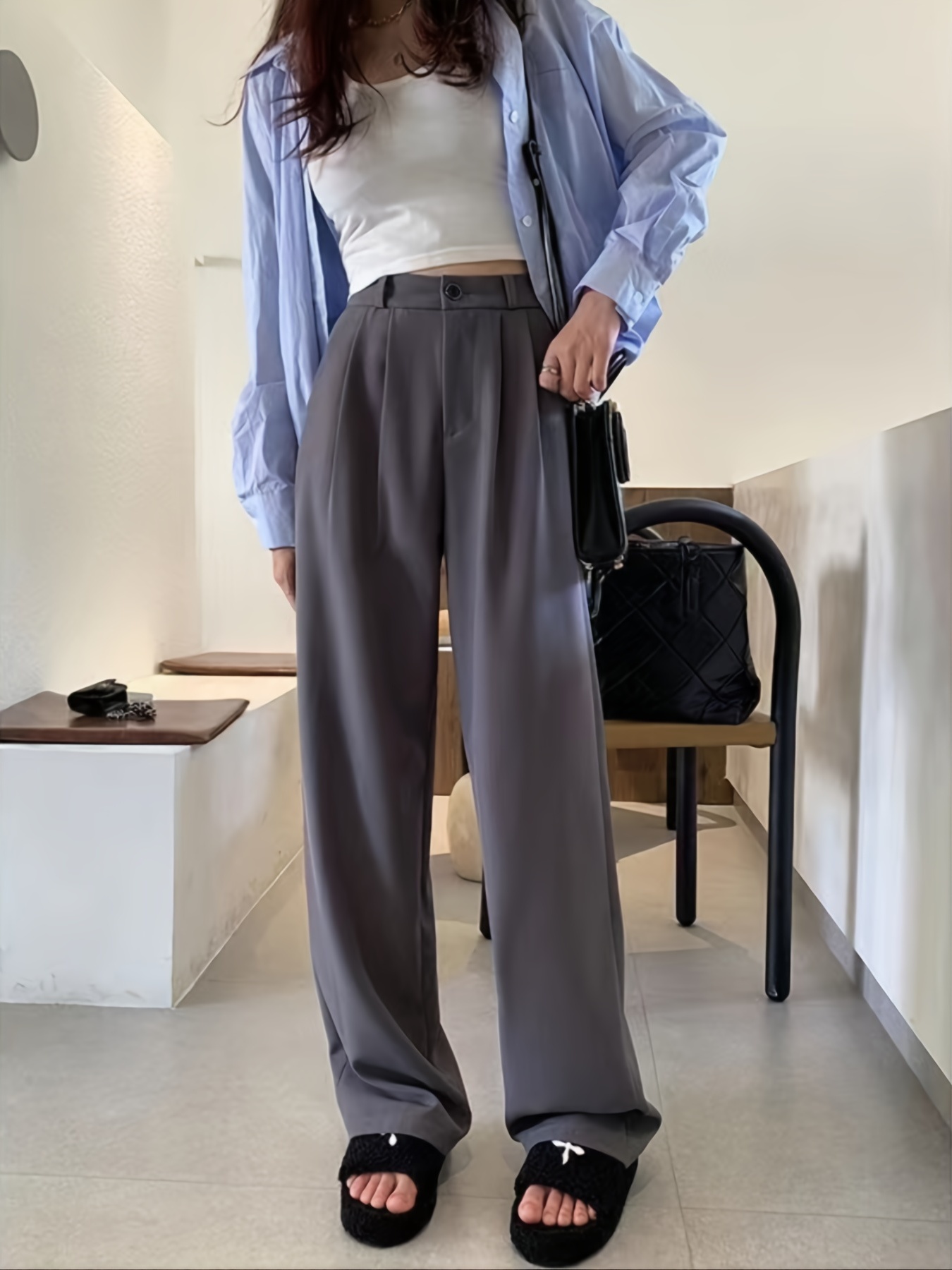 Solid High Waist Draped Long Length Pants Casual Loose - Temu