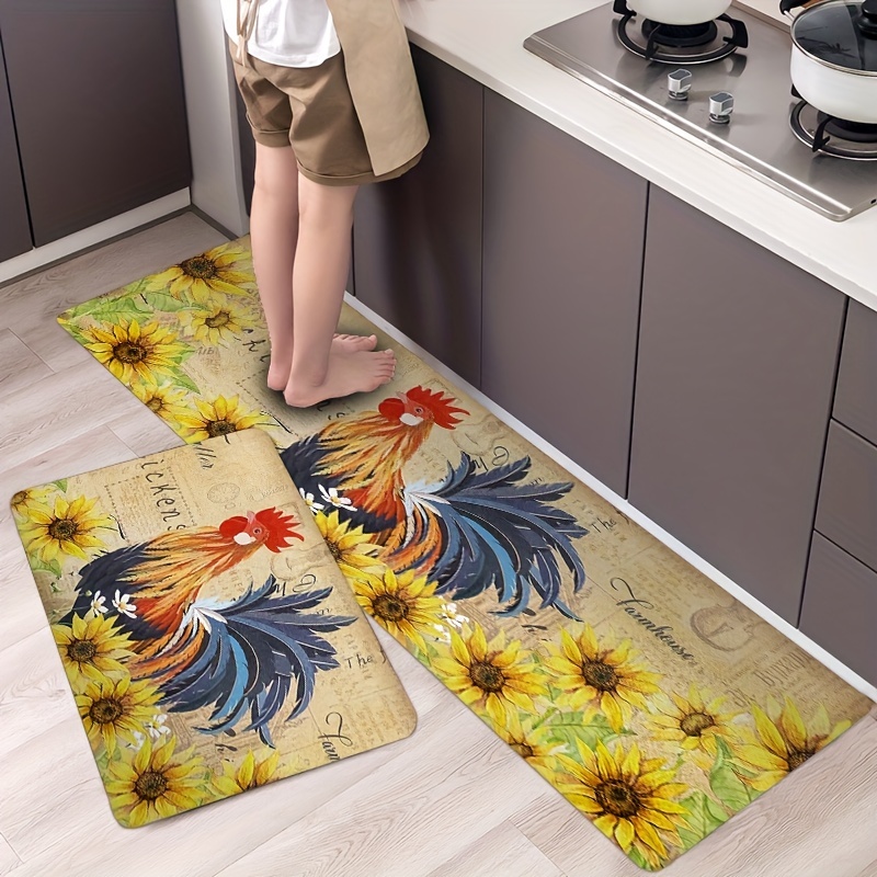 Sunflower and Rooster Kitchen Mat Non-Slip Carpet Indoor Outdoor