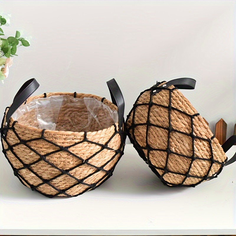 Macetas Vintage de mimbre de imitación, cesta de almacenamiento tejida con  patas de madera, soporte para