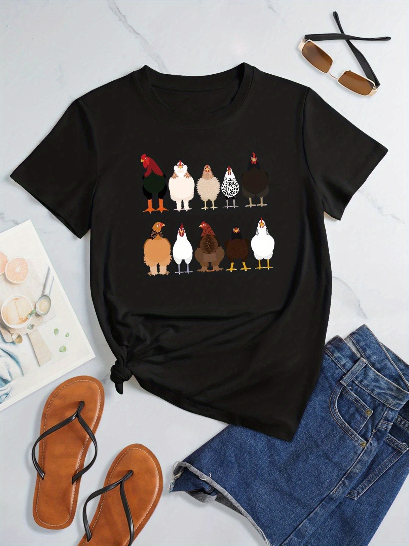 Casual Funny Hen Print Crew Neck T shirt Loose Short Sleeve - Temu Canada