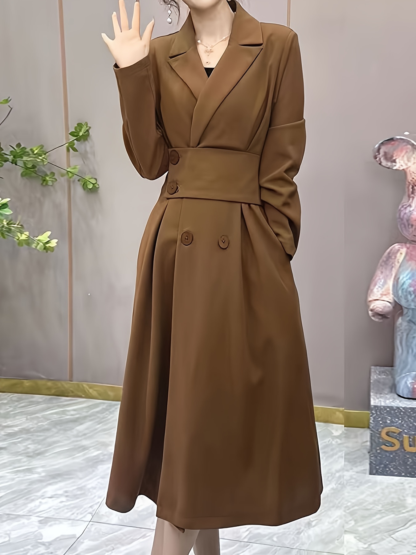 Solid Double Breasted Lapel Trench Coat, Elegant V-neck Long Sleeve Outwear  For Fall & Winter, Women's Clothing