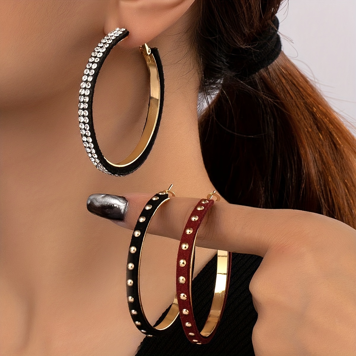 

3 Pairs Hoop Earrings Set With Shiny Rhinestone Decor Bohemian Elegant Style Iron 14k Plated Jewelry Female Gift
