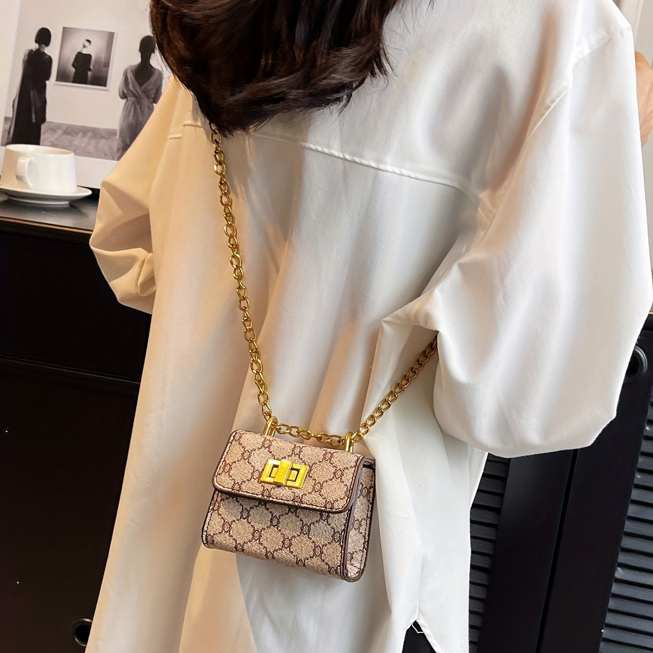 Classic Luxury Bag, Vintage Pattern Flap Shoulder Bag, Women's PU Leather Small Purse with Chain Decor,White Grid,Geometric,$11.19,Temu