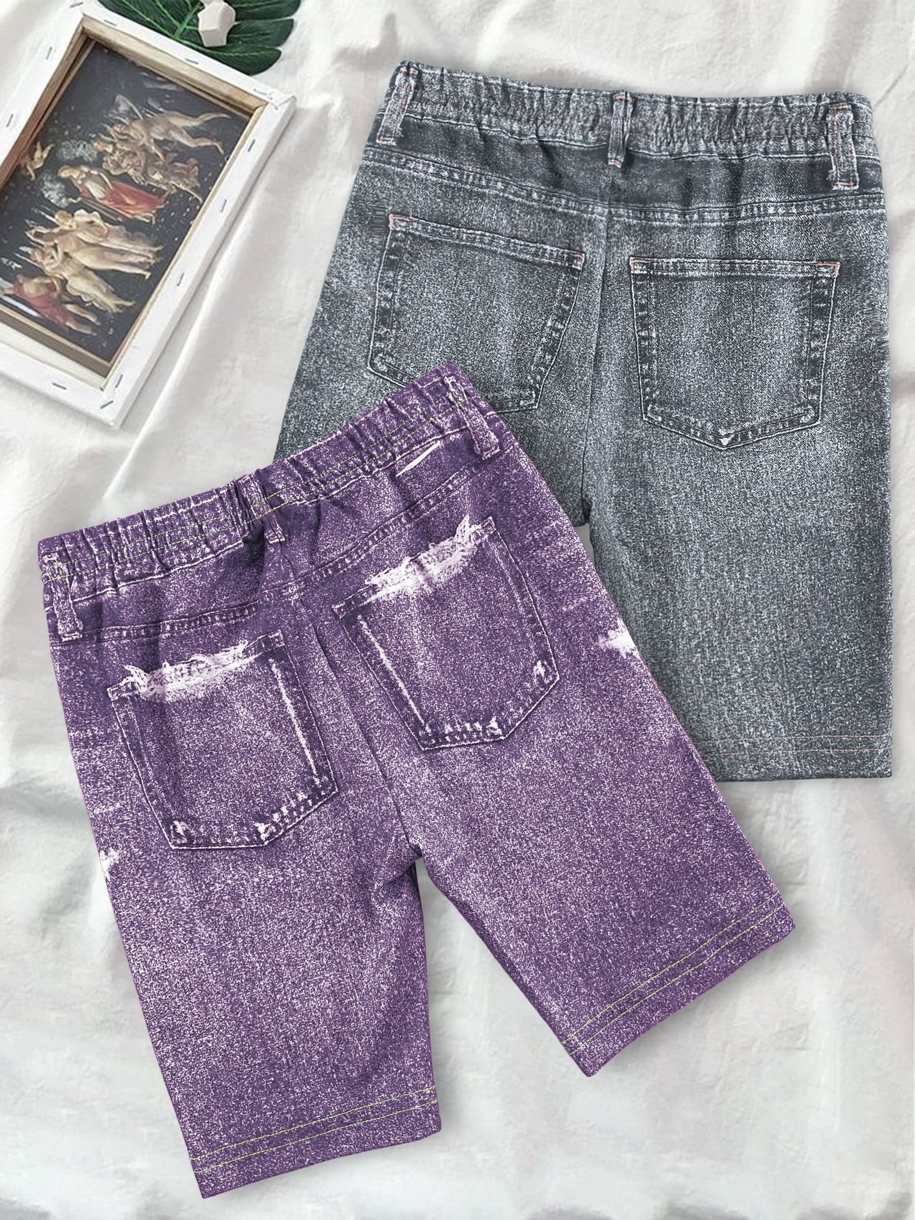 2pcs Girls' Denim Graphic Bike Shorts for Summer