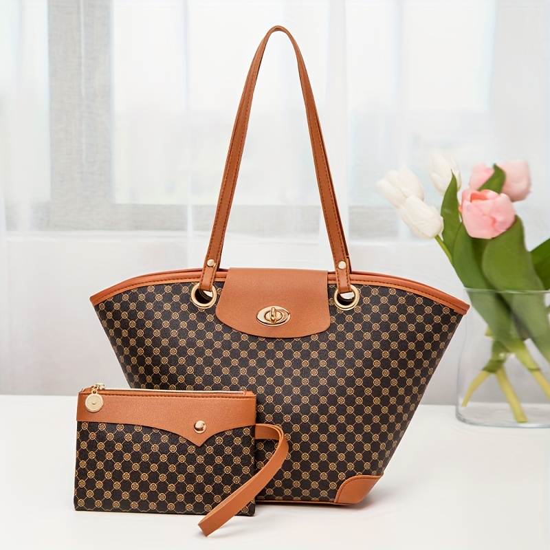 Geometric Pattern Tote Bag Set, Fashion Faux Leather Handbag