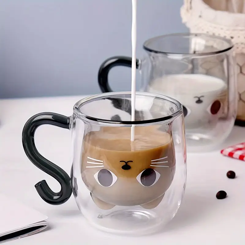 Cartoon Kitten Glass Coffee Mug Double walled Espresso - Temu
