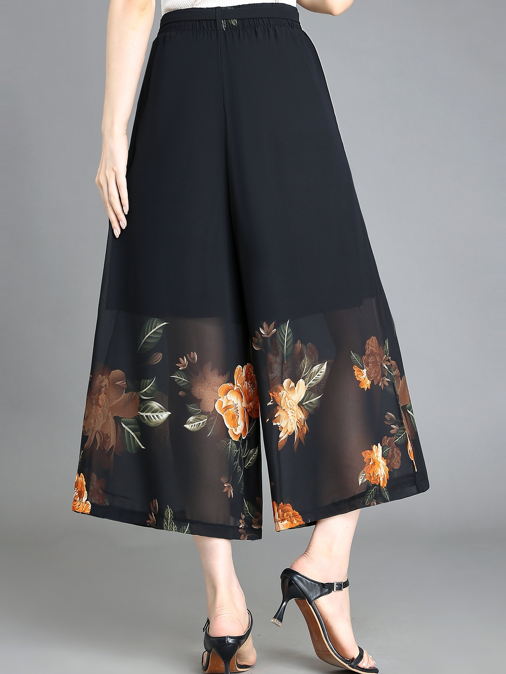 Floral Pattern Chiffon Cropped Wide Leg Pants Casual Belted - Temu Canada