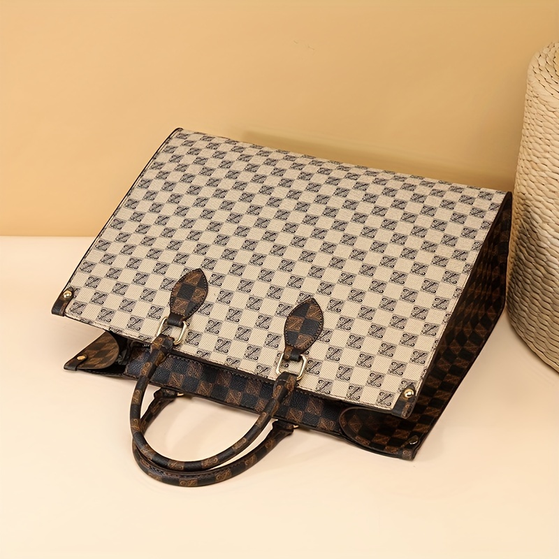 Retro Checkered Plaid Tote Bag, Luxury PU Leather Handbag, Large Capacity  Shoulder Bag For Women