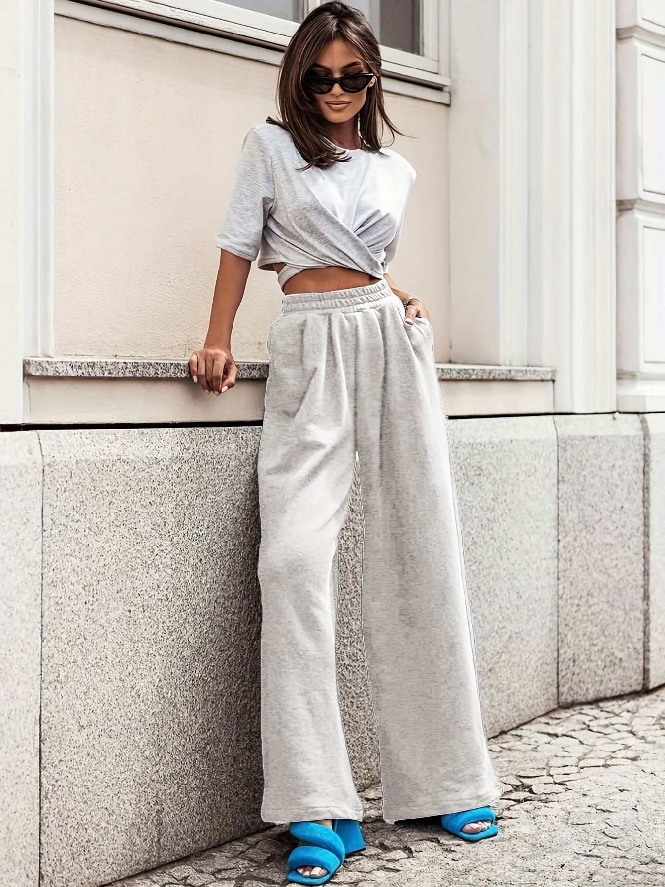 Solid High Waist Wide Leg Pants, Casual Floor Length Comfy Pants With  Pocket, Women's Clothing