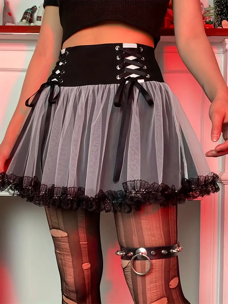 Plus Size Bow Tie Decor Contrast Mesh Mini Skirt Women's - Temu