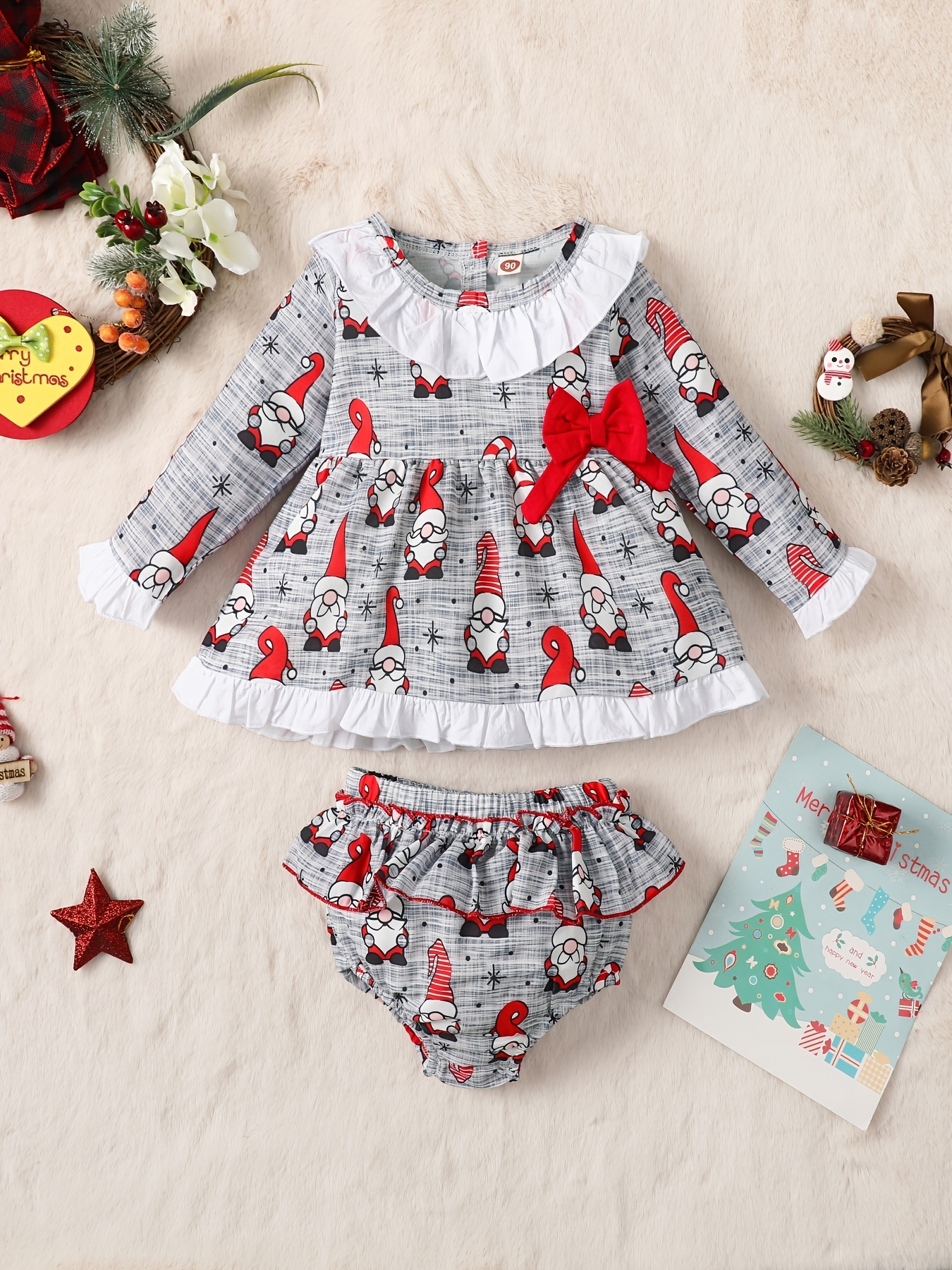 Girls Long Sleeve Bowknot Christmas Print Top Ruffle Shorts - Temu