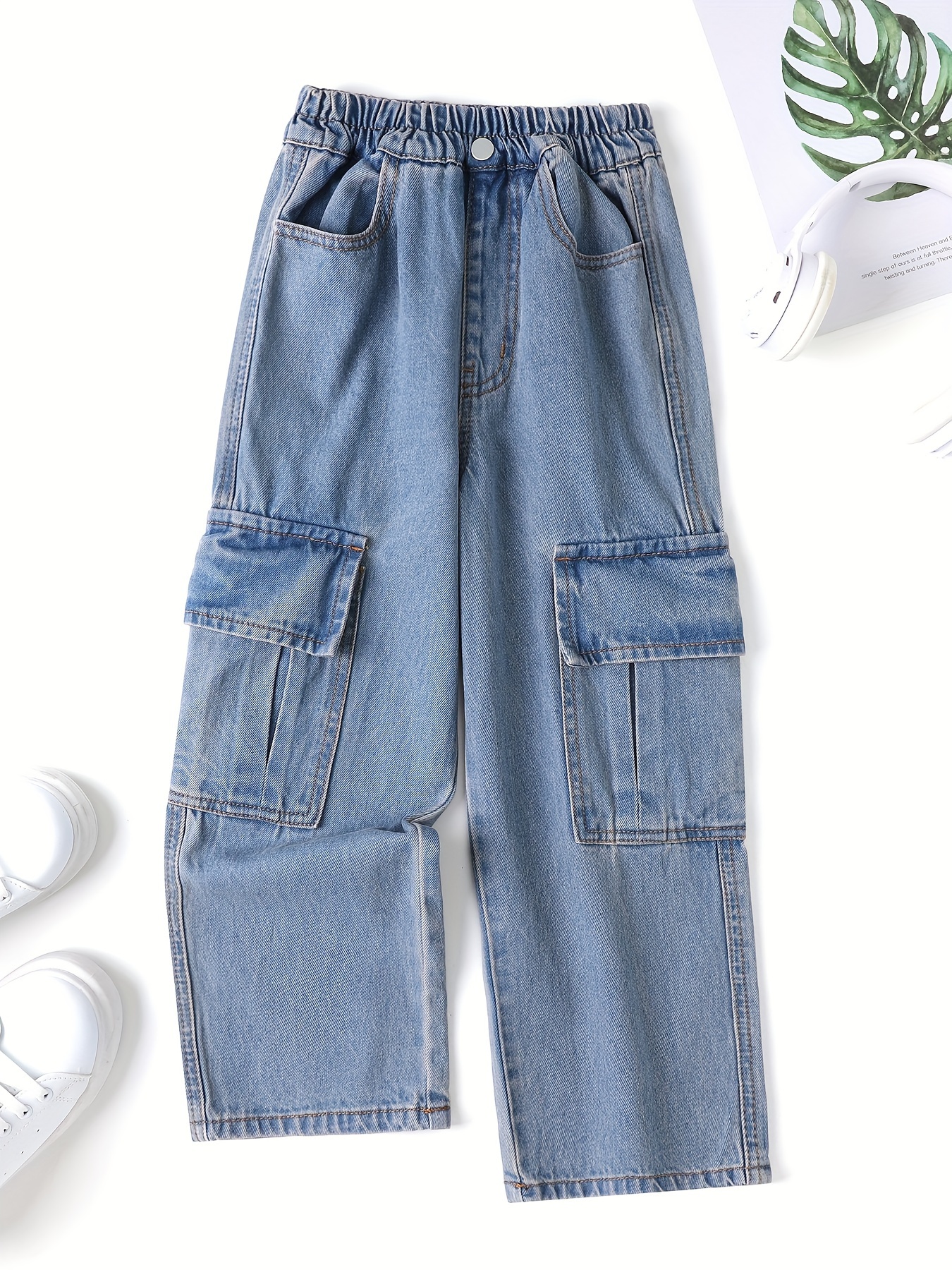 Baby Girl Patch Pocket Side Elastic Waist Jeans