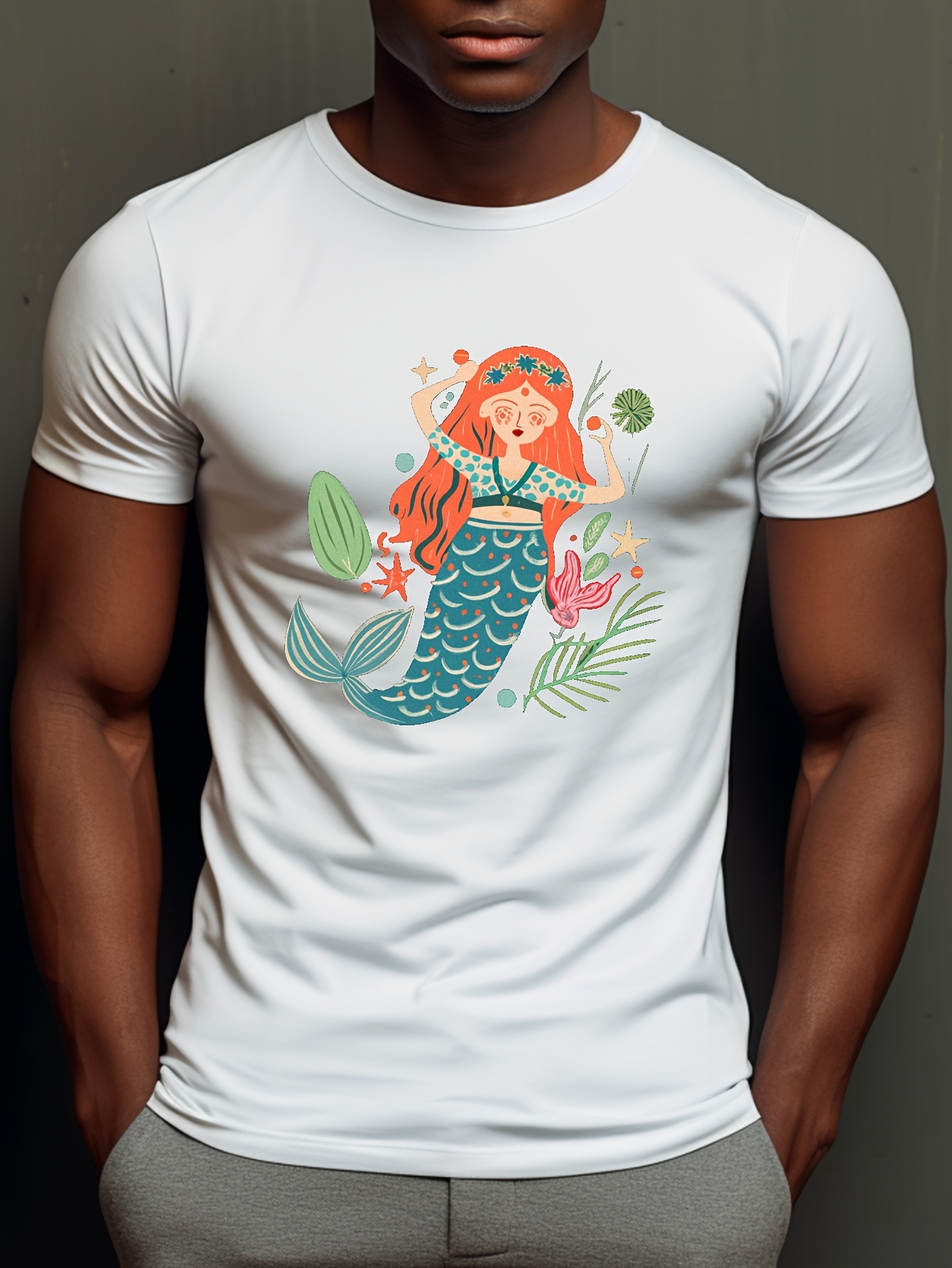 Mermaid Print T shirt Men's Casual Street Style Stretch - Temu Canada