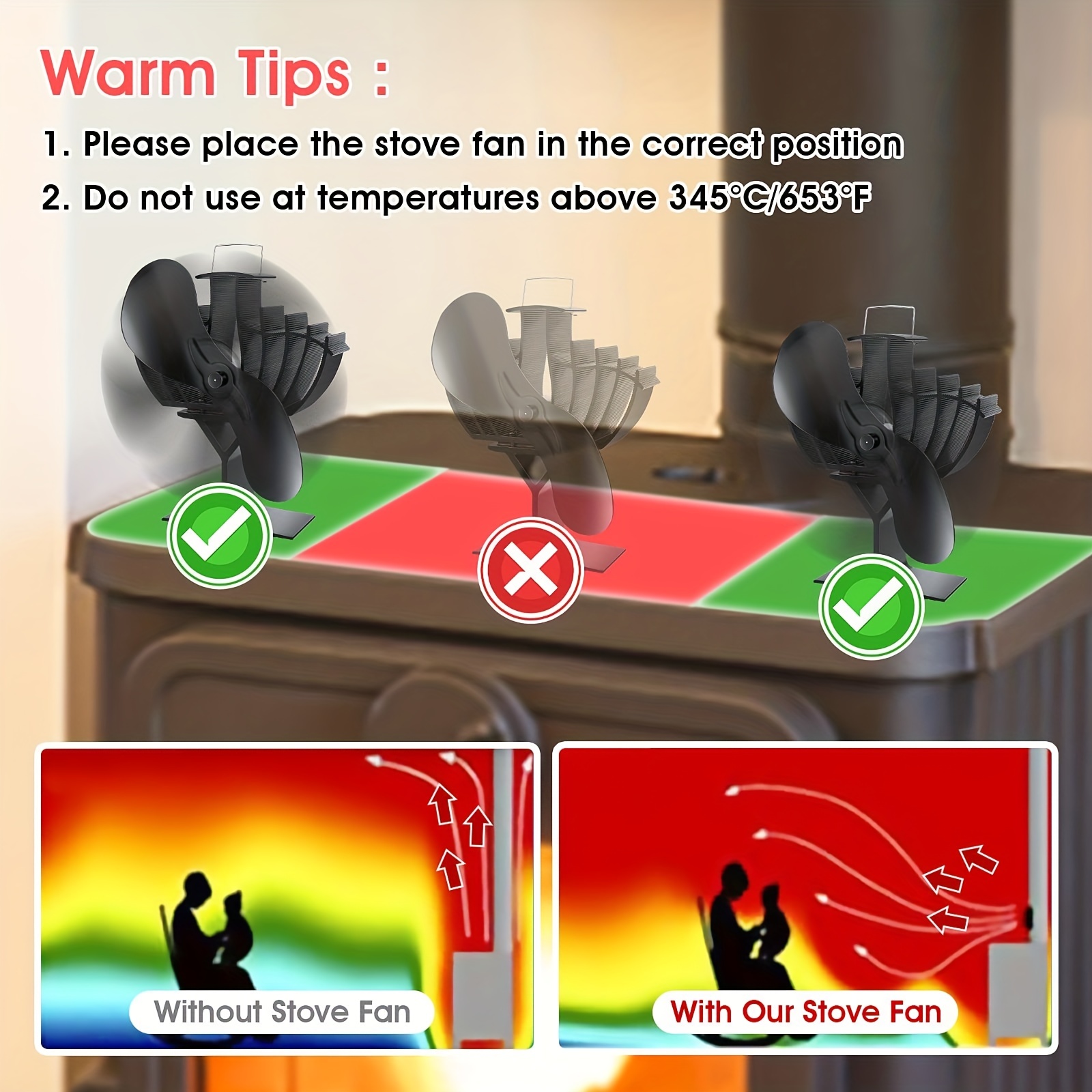 1pc 2 Blades Fireplace Fan Upgraded Wood Stove Fan Max Airflow, Large-Sized  Heat Powered Stove Fan Non Electric Fireplace Fan, Wood Stove Accessories