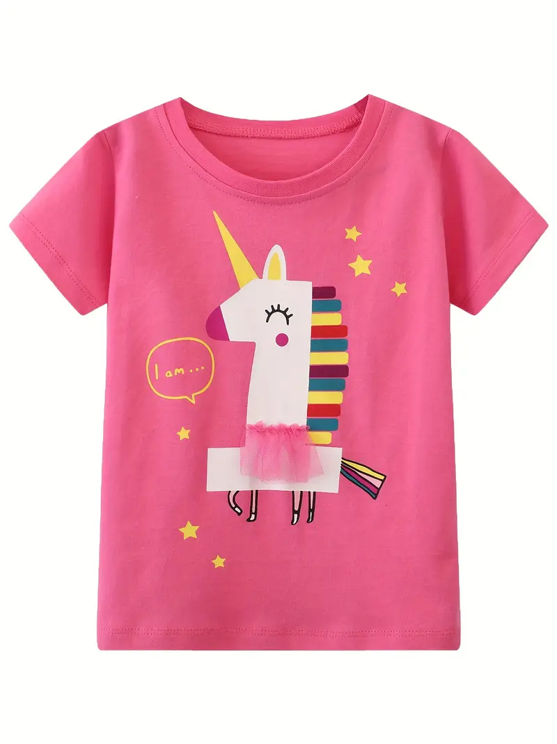 Toddler Girls Mesh Rainbow Unicorn Graphic T shirt Cotton - Temu
