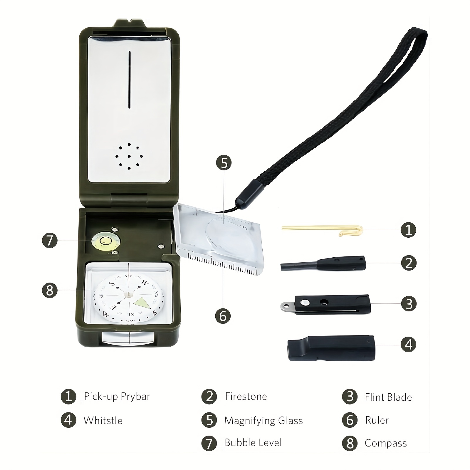 Dropship ABS 7 In 1 Multifunctional Survival Whistle With LED Light;  Compass; Thermometer; Magnifying Glass; Mirror; Suitable For Camping; Hiking;  Outdoor Essential Accessories to Sell Online at a Lower Price