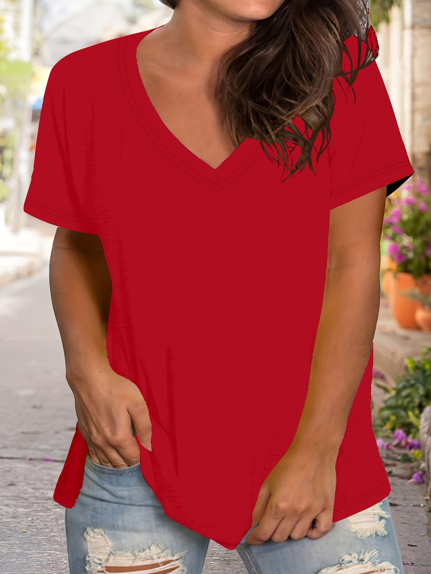 Women's Plus Size V-Neck Short Sleeve T-Shirt - Soft Breathable Casual Top, Relaxed Fit Solid Color, Machine Washable All-Season Versatile Tee, Ladies T Shirts, Everyday Comfort Apparel, Vneck Tee, Comfortable Fabric, Durable Casualwear