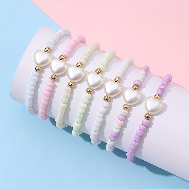 

7pcs Girls Heart Beads Bracelet For Girls, Daily Decoration