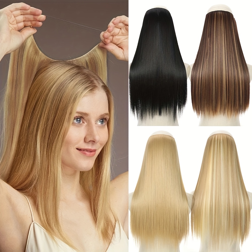 

Invisible Wire Straight Hair Extensions - No Clips, Secret Fish Line Hairpieces - Synthetic Hair Extensions For Women And Girls Hair Accessories