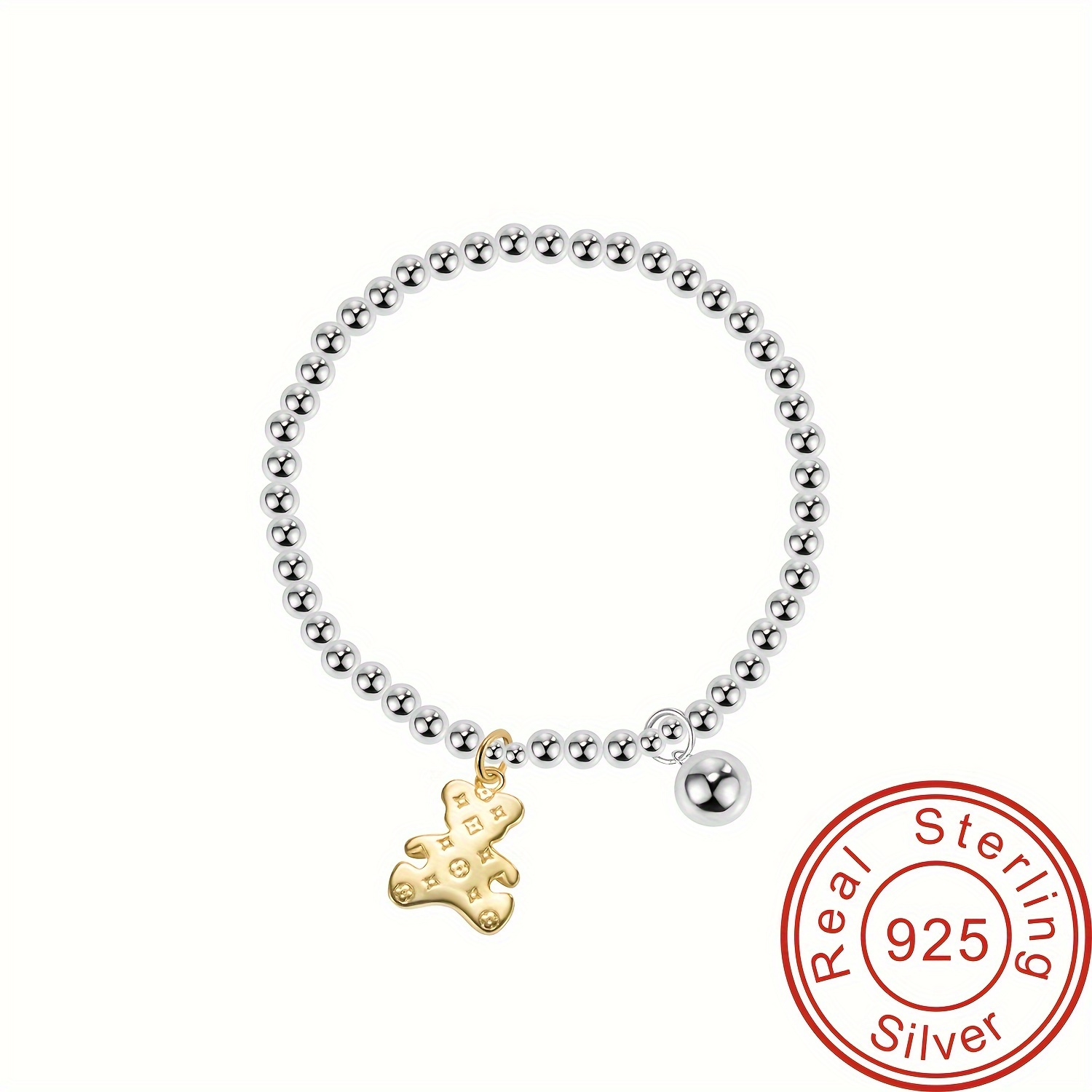 

925 Sterling Silver Bracelet Female Niche Design Letter Bear Round Beads Elastic Rope Bracelet