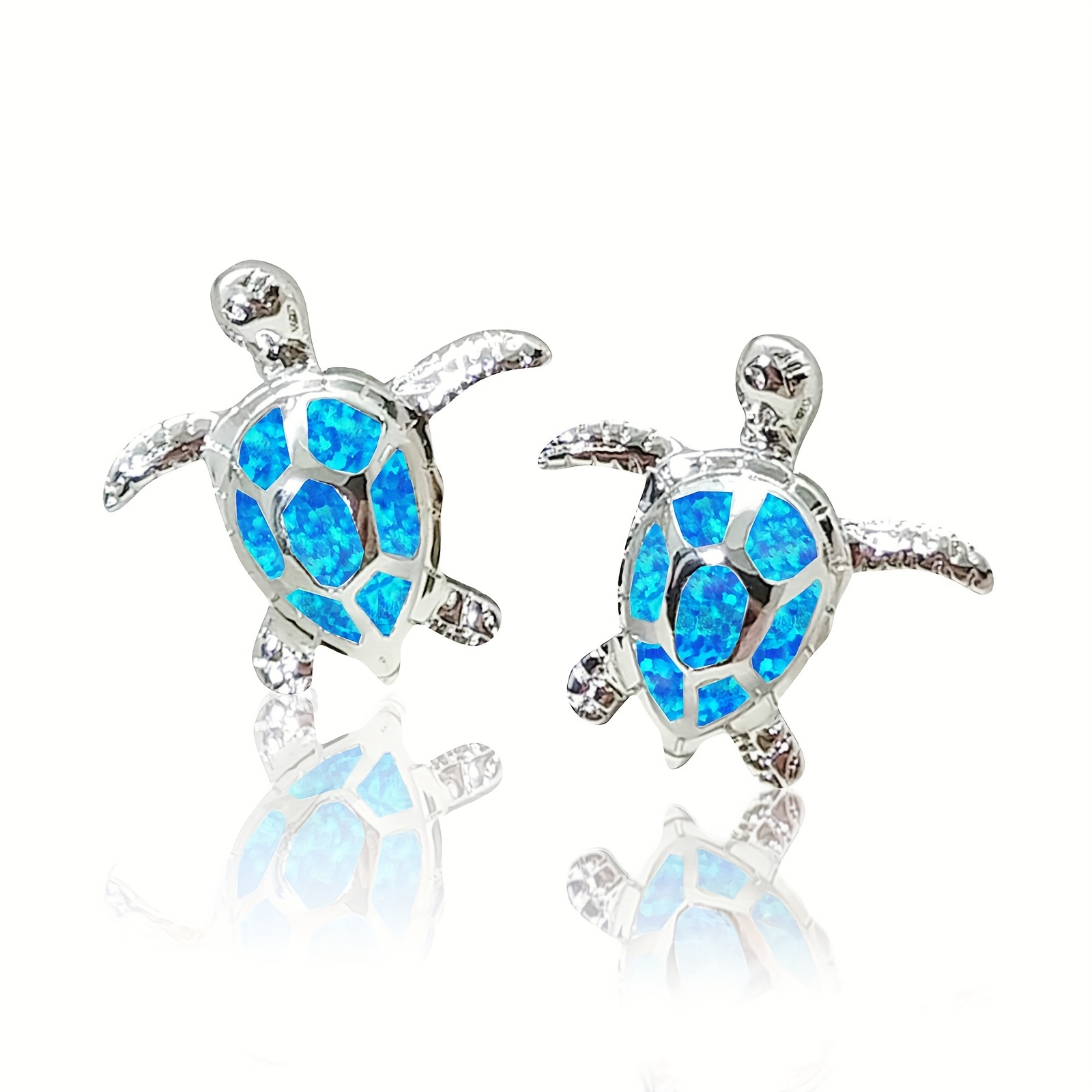 

Ocean Series Hawaiian Turtle Design Stud Earrings With Blue Opal Decor Copper Silver Plated Jewelry Creative Female Gift