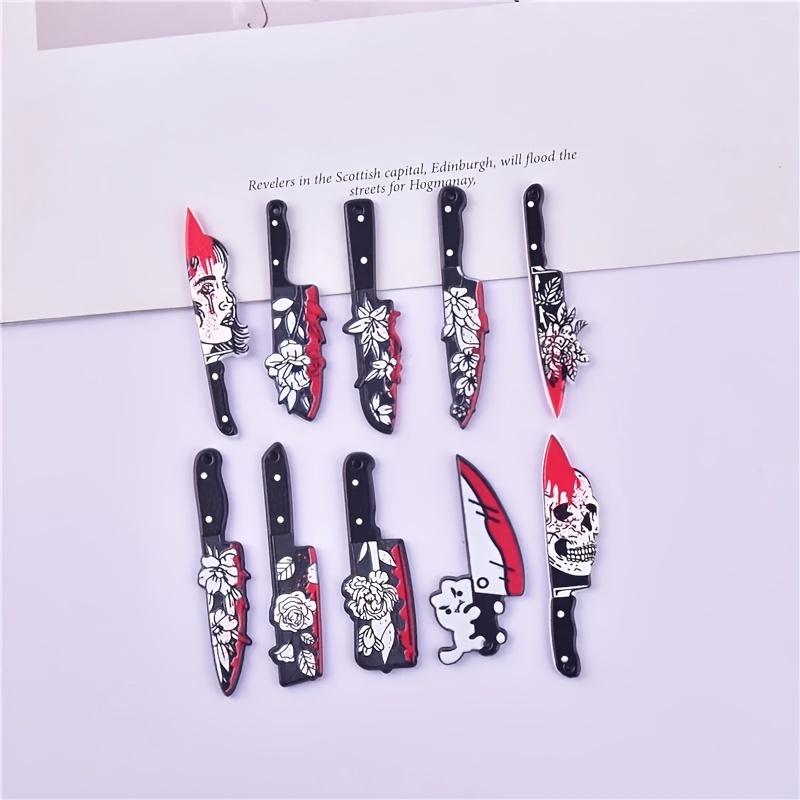 10pcs Halloween Bloody Printed Knife Acrylic Pendants Knife Shape with Skull Rose Gothic Style Jewelry DIY Pendant Earrings Necklace Jewelry