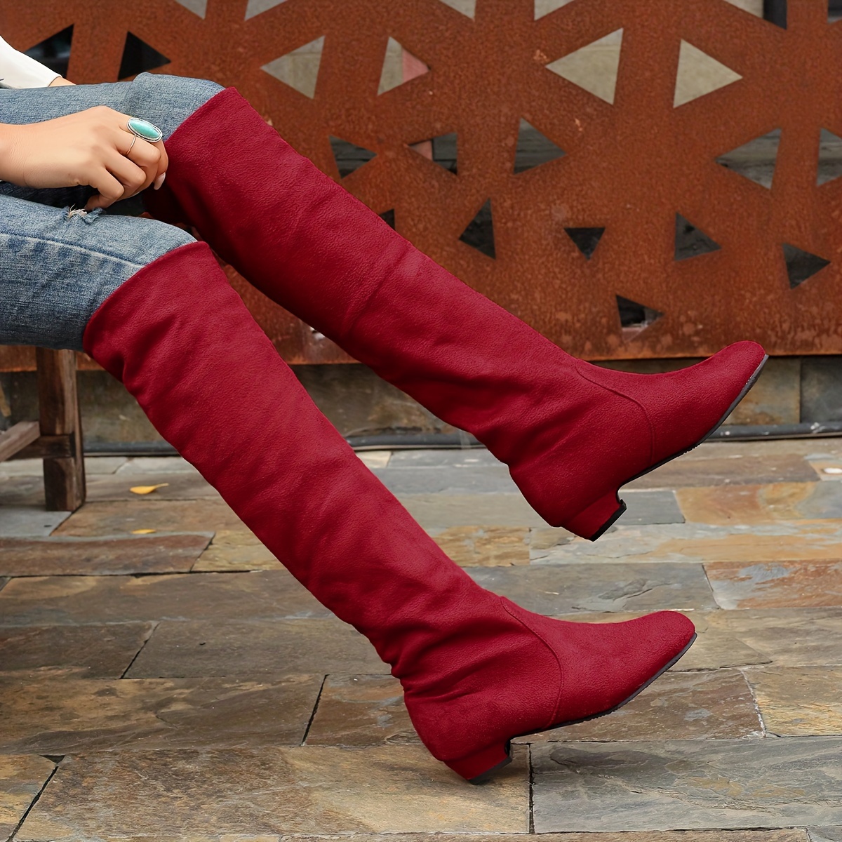 Red dress and knee cheap high boots