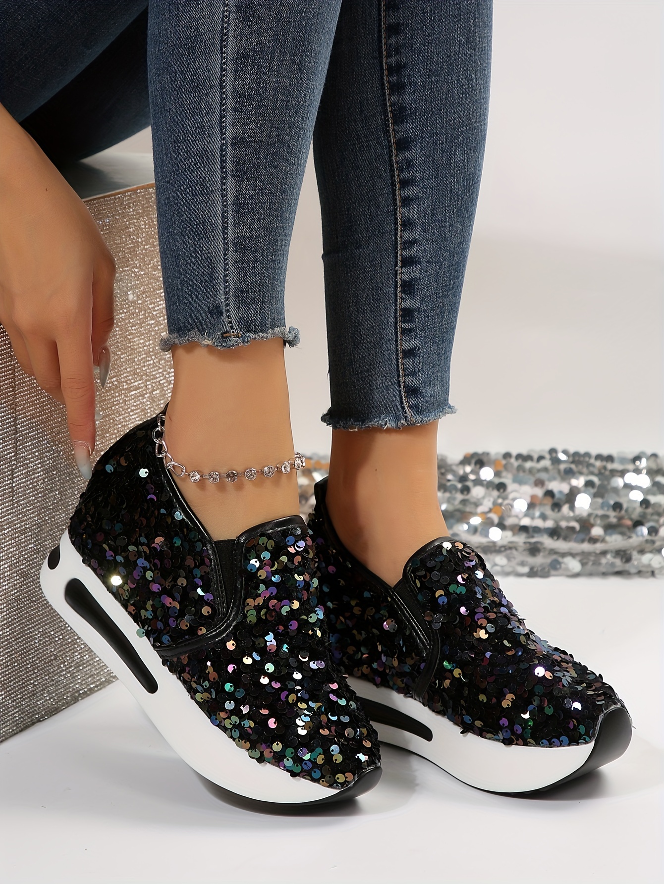 Simanlan Women's Casual Platform Rhinestones Glitter Slip on Sneakers Flat Walking Shoes, Size: 11, Black