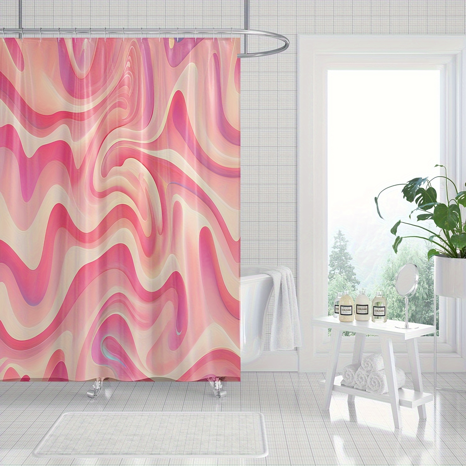 1pc Abstract Wave Printed Shower Curtain, Waterproof Curtain With Hooks,  Bathtub Partition, Bathroom Decor, Bathroom Accessories