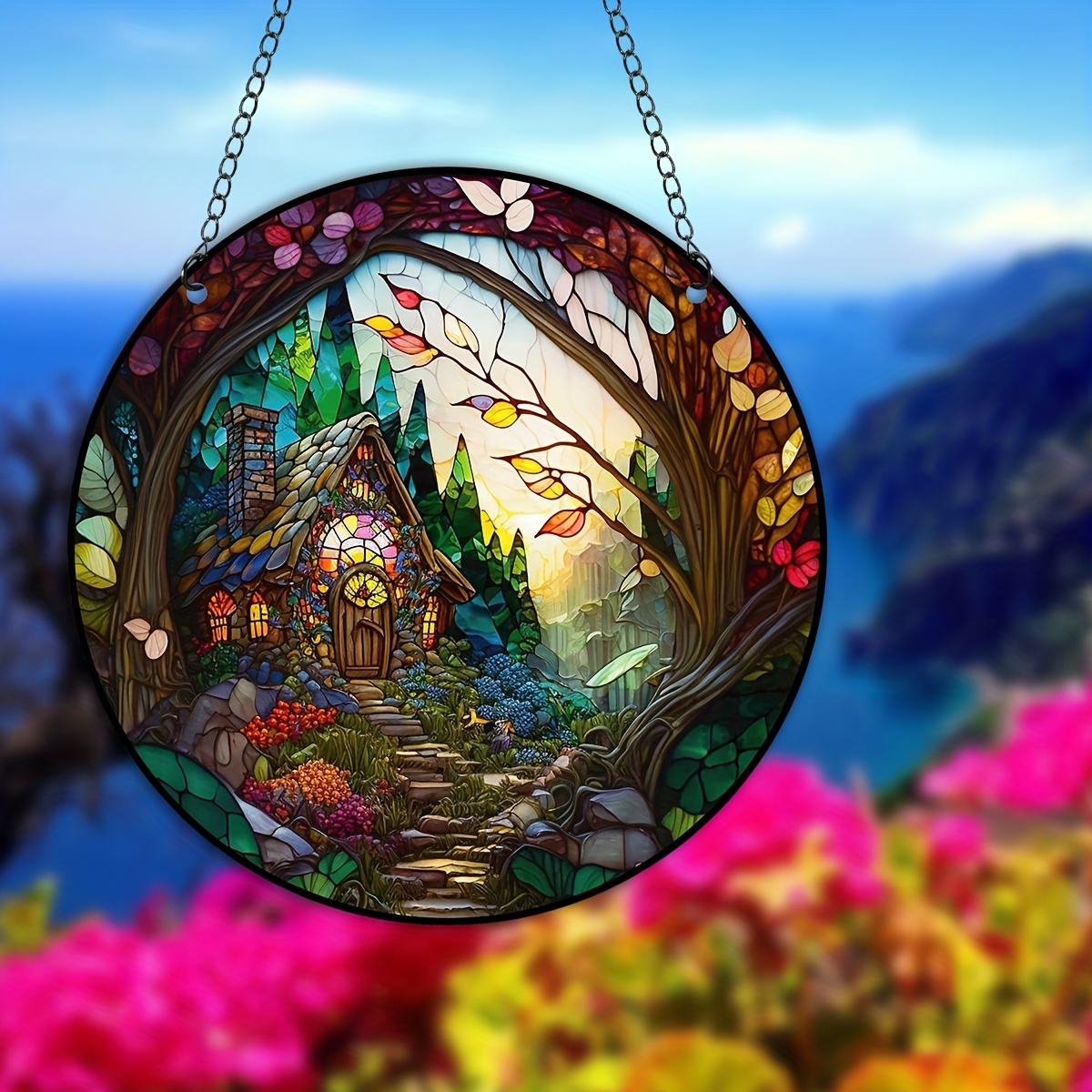 Forest House Suncatcher Stained Plastic Window Hanging Temu