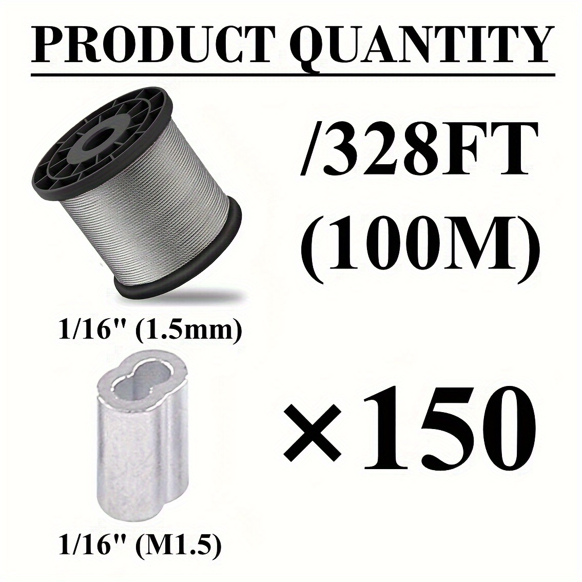 1/16" Wire Rope, 304 Stainless Steel Cable, , 1.5mm Wire Rope With Crimping Loop Sleeves, 7x7 Strand Core And Double Perfect For Outdoor Hanging, Clothes Line Wires, Garden Fence
