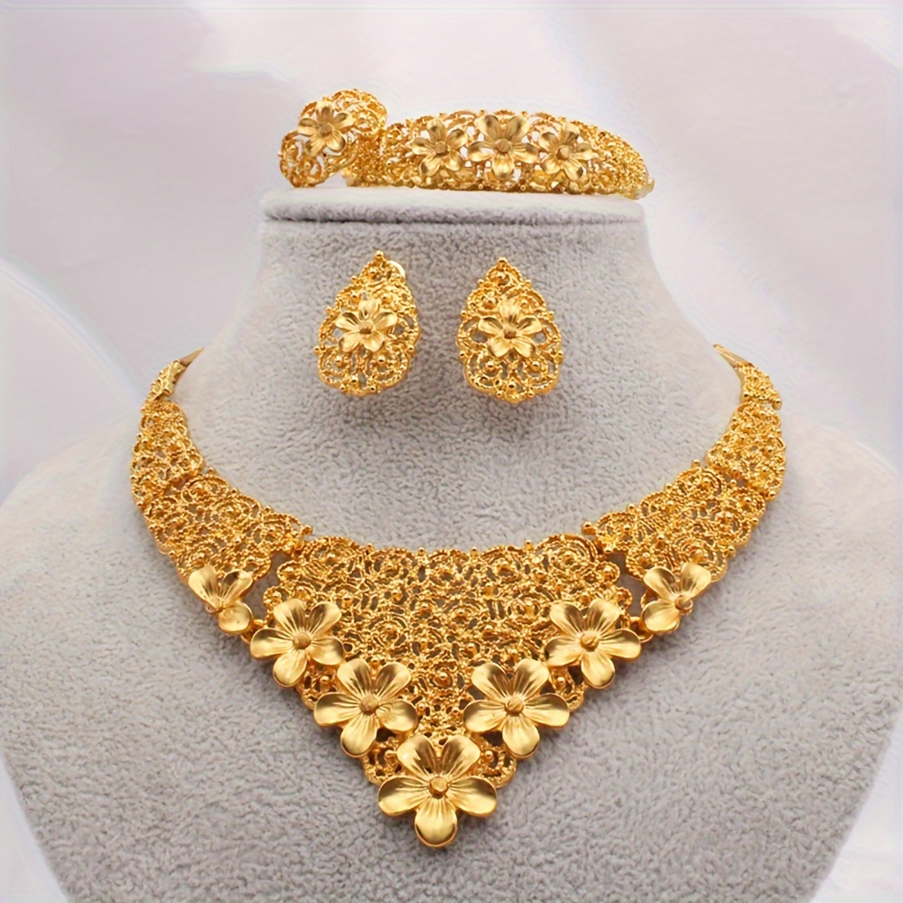 24k gold plated jewelry set 5pcs set 1 necklace 1 bracelet 1 ring 2 earrings   dubai ladies wedding jewelry set european and african bride wedding jewelry set necklace bracelet earrings ring   set     details 5