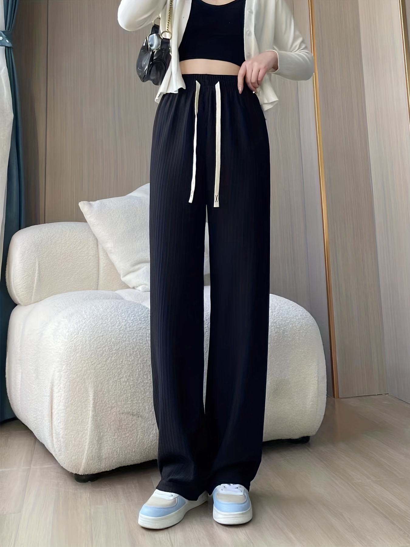 Cathalem Warm up Pants Womens Casual Solid High Waisted Loose Wide Leg Cozy  Pants Comfy Straight Women Pants Casual Elastic Waist Pants GY1 X-Large 