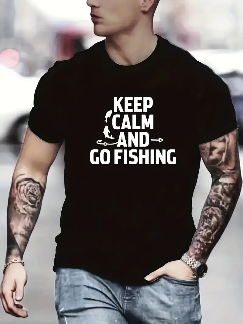 Men's Keep Calm Go Fishing Print Tee Shirt Casual Short - Temu Greece