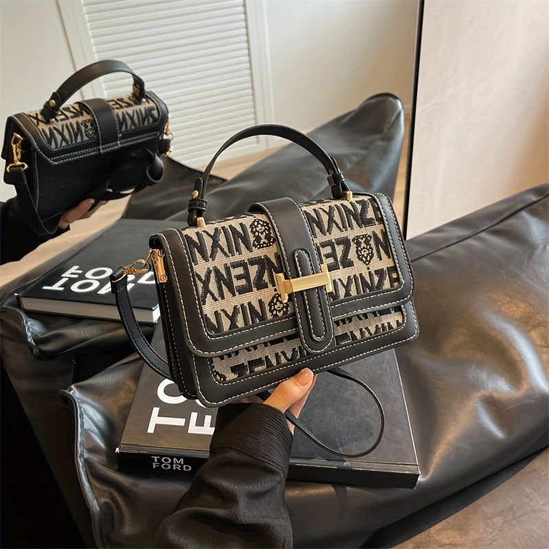 Letter Embossed Handbag, Trendy Faux Leather Shoulder Bag, Women's Double Handle Purse (8.4*8.6*3.5) inch,Hand Bags,Temu