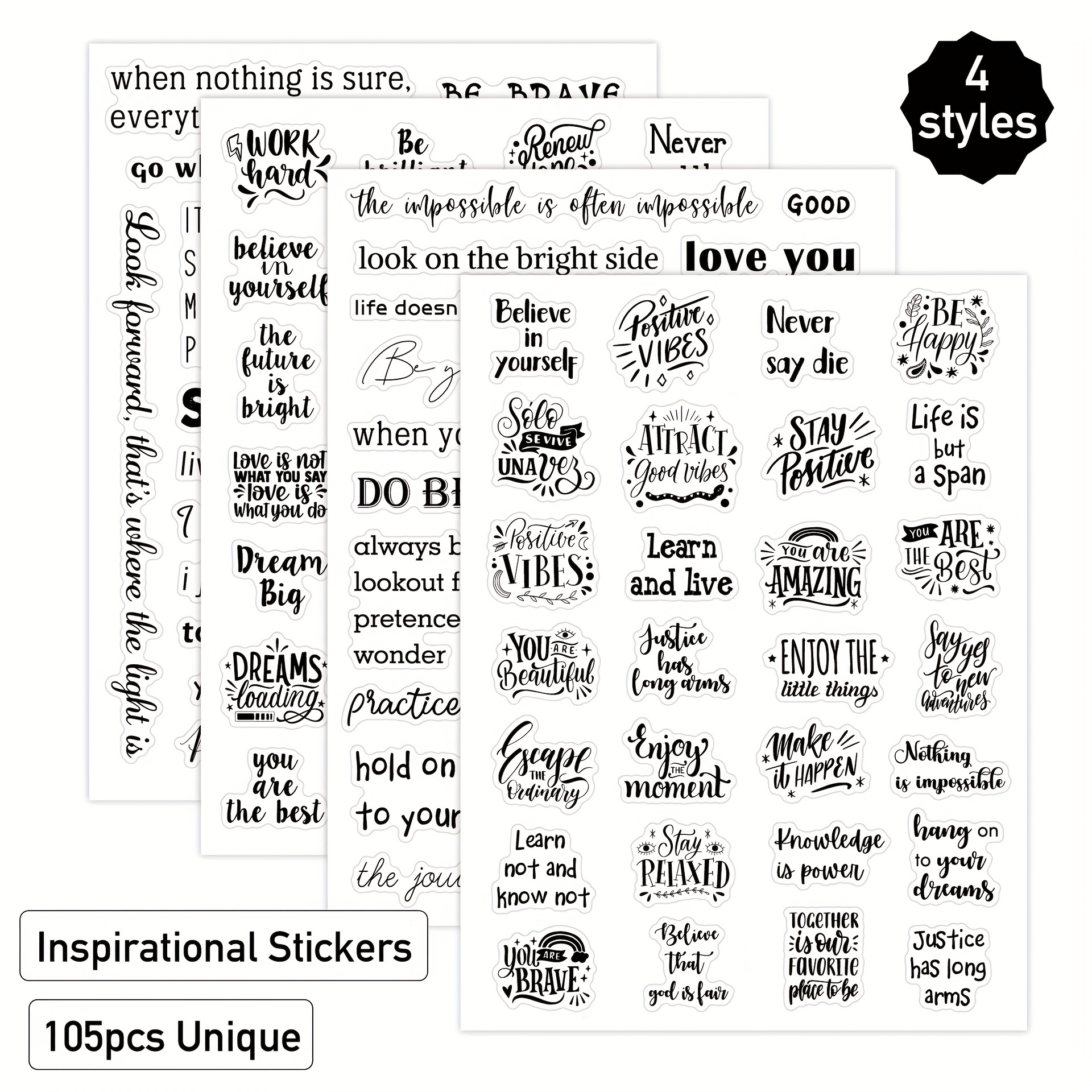 Stickers - Inspirational - Love Life Motivational Quotes Sticker Sheet  Black & White Scrapbook Planner Vinyl