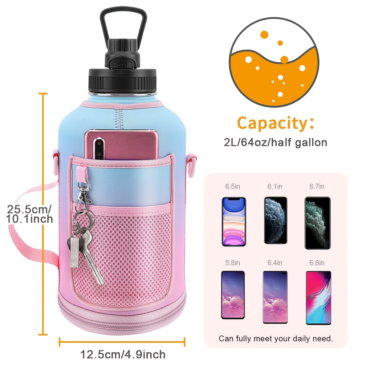 Half-gallon Insulated Water-Bottle with Straw - Stainless Steel