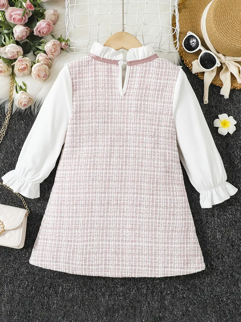 girls elegant trendy cute stitching mesh ruffled dress with plaid print for summer holiday party kids clothes details 0