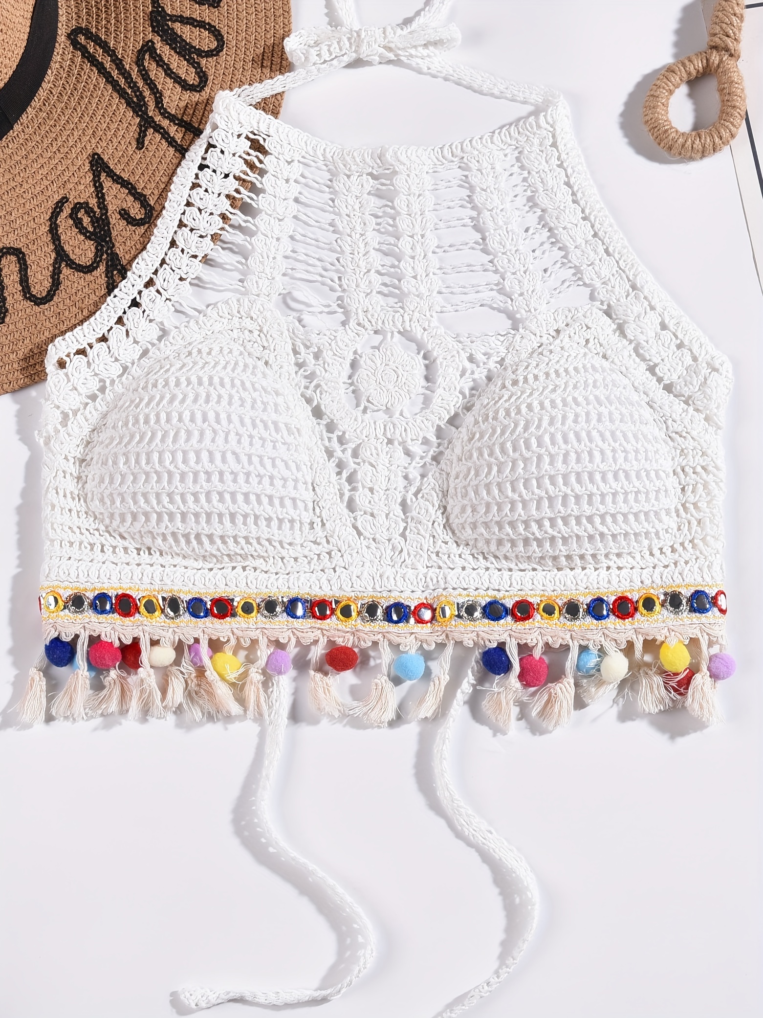 Multi-coloured Boho Crochet Halter Women's Top